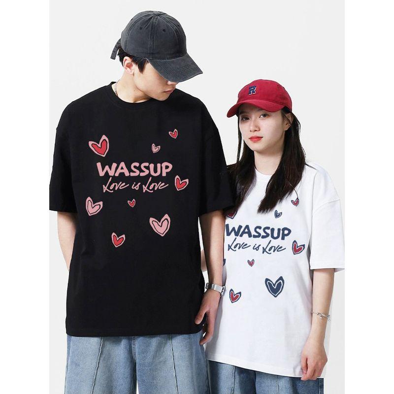 Wassup Heods Trendy Brand Heart-Themed Couple Short-Sleeve T-Shirt Summer Loose Pure Cotton National Trend Unisex T-Shirt Summer