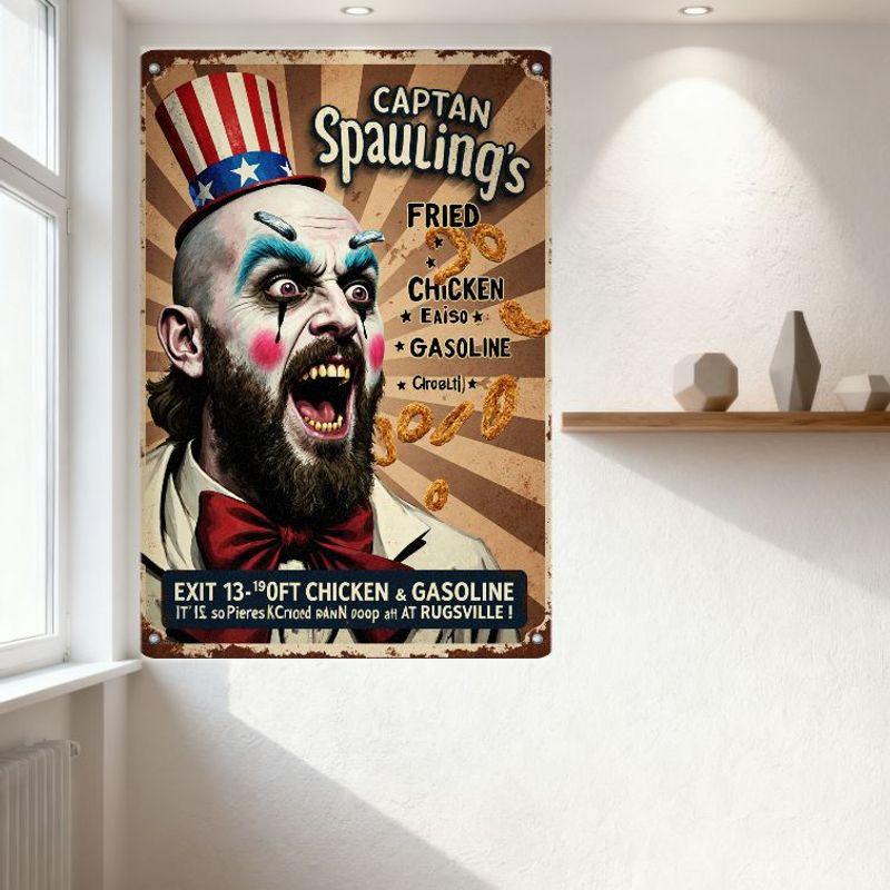 Винтажная металлическая табличка 'Captain Spauling's' Клоун Ужасы Искусство Ретро Придорожная достопримечательность Декор для бара Мужской пещеры Домашнее украшение стены