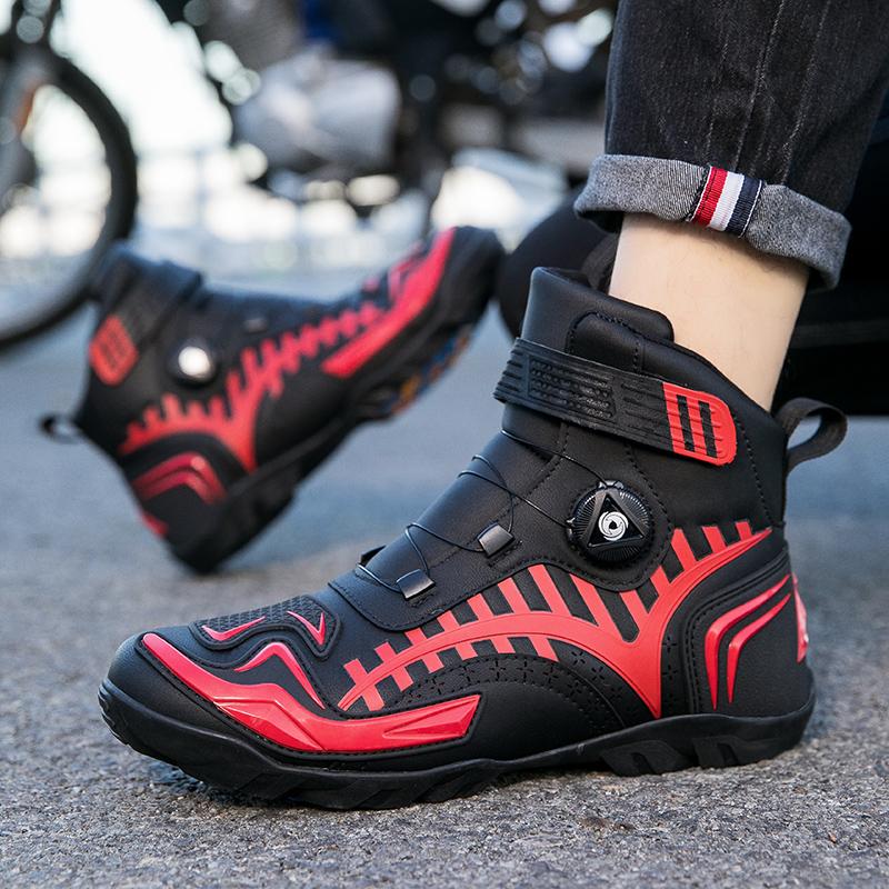 Унисекс кожаные мотоциклетные ботинки большого размера с кнопкой вращения, противоскользящие, противоударные, для соревнований, обувь для верховой езды