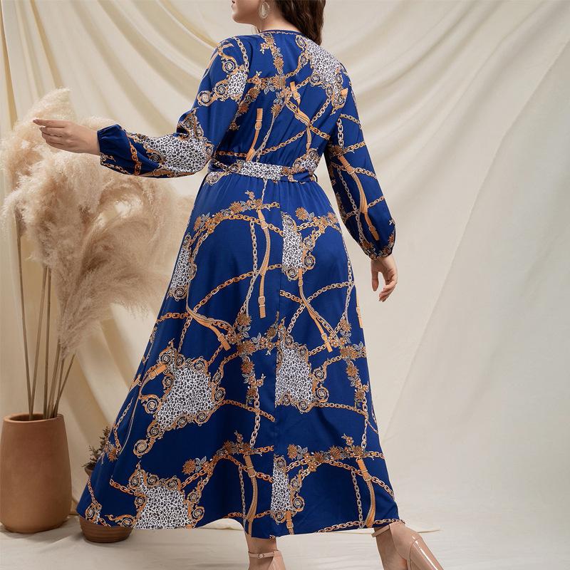 Весенне-осеннее женское платье больших размеров с принтом, темпераментное, с V-образным вырезом, с золотой цепочкой и завязкой на талии, длинное платье