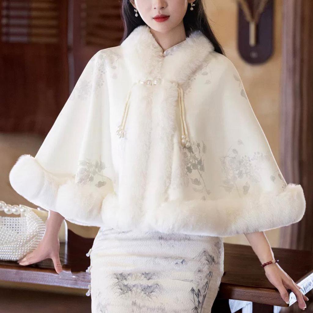 931# Женский универсальный плащ ципао: Шаль с воротником из искусственного меха выдры, на флисовой подкладке, утолщенная для тепла