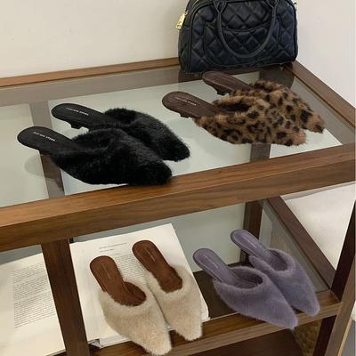 Модные полутапочки из овечьей шерсти на тонком каблуке, женская обувь 2025, новая весна, осень и зима, корейская версия, остроносые повседневные туфли