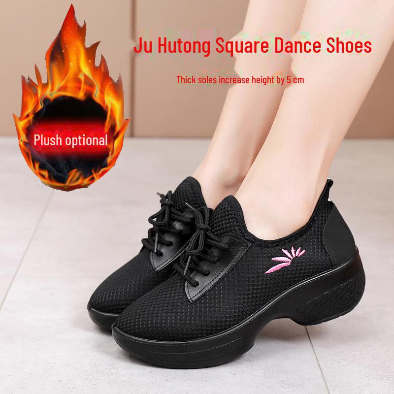 Танцевальные туфли Ju Hutong из бархата и хлопка — средний каблук, дышащие, мягкая подошва для фитнеса и гимнастики, всесезонная одежда.