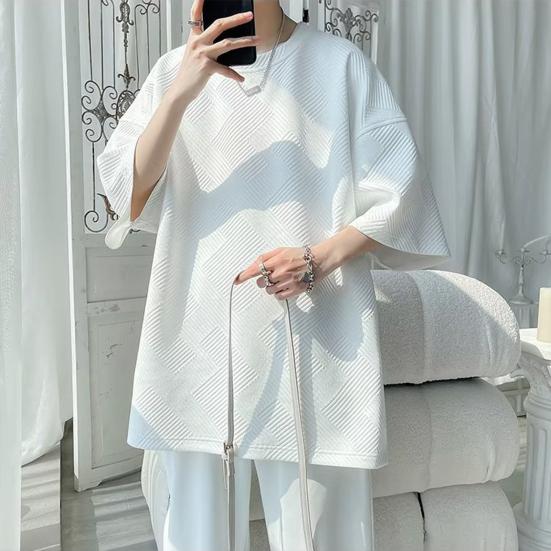 Летняя мужская футболка с круглым вырезом, свободная средней длины, сплошной цвет, вафельная текстура, плюс размер, половина рукава, уличная одежда в японском стиле, топ на открытом воздухе