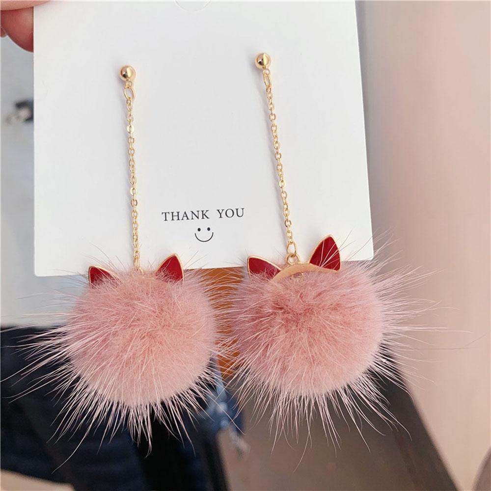 Statement Mink Fur Ball Plush Korean Brincos Fashion Jewelry Long Drop Earrings Dangle Earrings