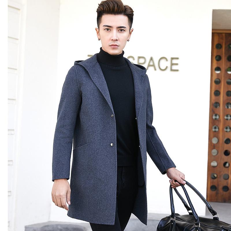 Осенне-зимнее двухстороннее шерстяное пальто, мужская ветровка средней длины с капюшоном, двухсторонняя шерстяная куртка, мужское кашемировое пальто