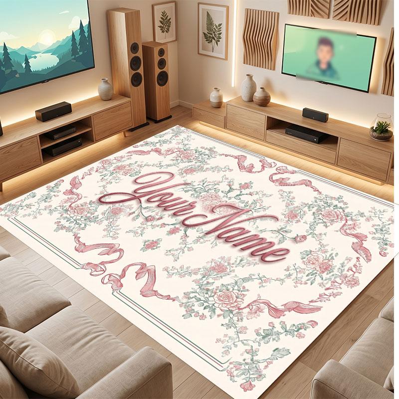 Floral Garden Theme Crystal Velvet Floor Rug Personalized Custom Name Text Warm Carpet Home Decoration