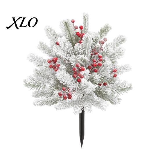 Artificial Potted Pine for Yard Poinsettia Flower Stake, Red Christmas Floral Ground Spike Decor, with Berries Outdoor Weather?Resistant Fake Plant