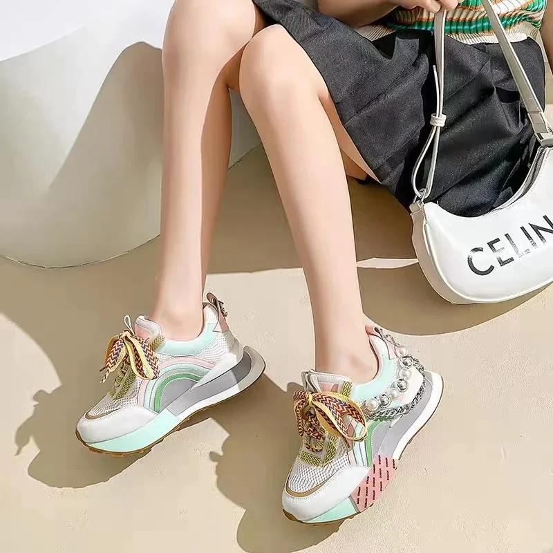 Fashion New Lace Up Iridescent Pearl Chain Decorative Women's Vulcanized Shoes Women's Platform Sneakers Zapatos De Mujer Women Shoes