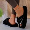 Luxury Pearl Chain Decoration Short Plush Slides Women 2025 Autumn Round Toe Low Heel Slippers Warm Faux Fur Outdoor Slippers