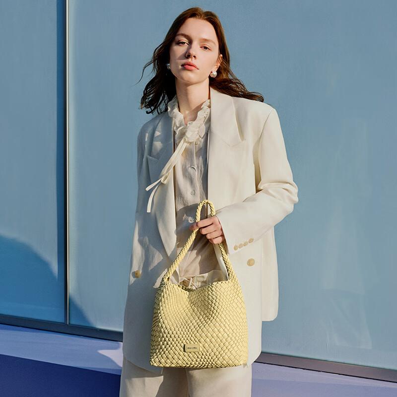 NUCELLE Woven Texture Handbag, Commuter Shoulder Tote Bag, Casual and Fashionable, White, Size M