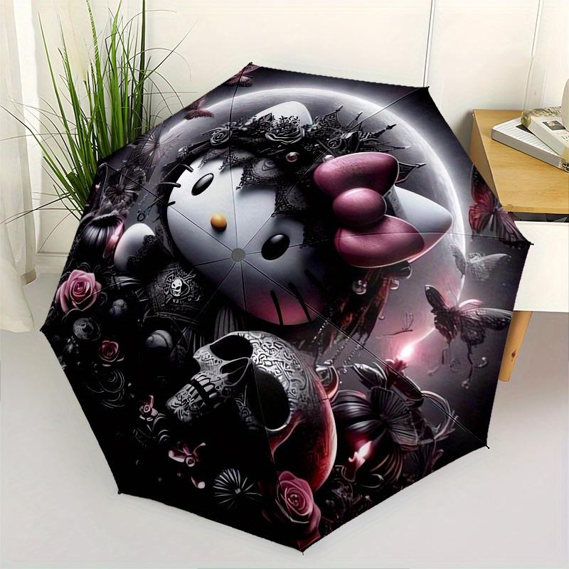 Gothic Hello Kitty Automatic Umbrella-Foldable, Durable 8-Bone Design, Compact and Stylish, Great for Camping, Halloween, Christmas, Mother'