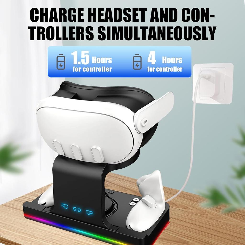 Зарядная база для Meta Quest 3 VR, беспроводная зарядная стойка с RGB-подсветкой, зарядная база, 2 перезаряжаемых аккумулятора для Oculus/Meat Quest 3