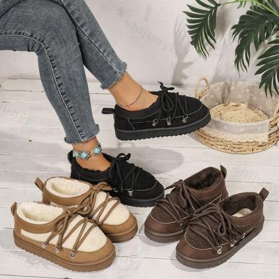 Мода 2025 Зимние Ретро Низкие Кеды на Толстой Подошве Повседневные Плюшевые Снежные Ботинки для Женщин Теплые Удобные Универсальные Модные Массивные Хлопковые Ботинки