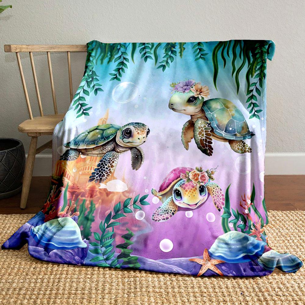 Cartoon Marine Turtle Underwater Scene Flannel Blanket bedroom Blanket for Livingroom Couch lunch break Soft throw for Friend's festival Gift