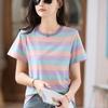 Полосатая футболка на правое плечо, женская футболка с короткими рукавами, новинка 2024 года, лето 2024, свободная утягивающая повседневная спортивная футболка, уменьшающий возраст топ
