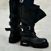 Ladies Black Leather Buckle Strap Boots High Top Thick Sole Edgy Style For Women Fashion Motorcycle Boots