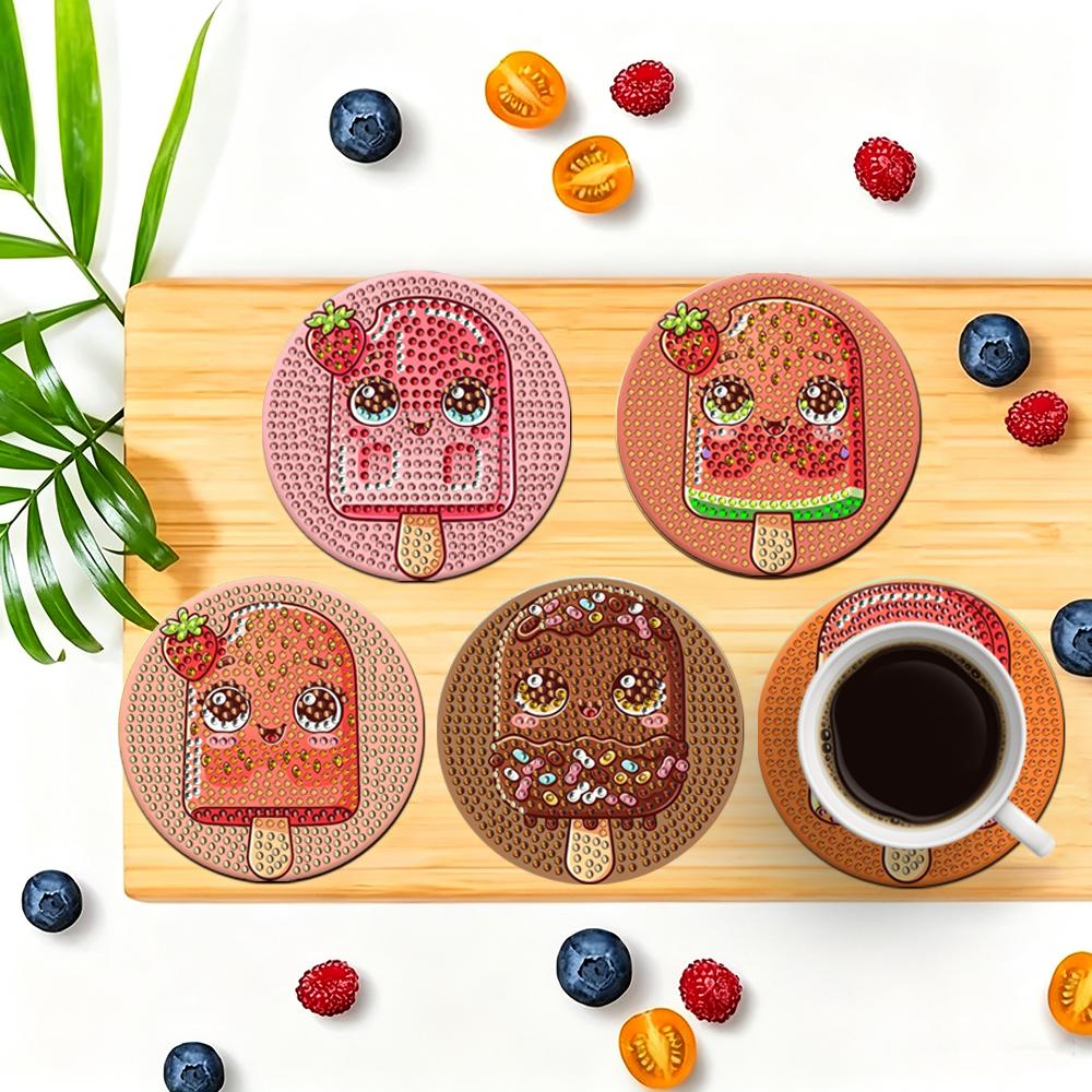 8-piece Cute Cartoon Popsicle Ice Cream DIY Diamond Painting Coaster Set 5D Full Diamond Round Diamond Art Coaster Set Handmade Crafts Home Decor Gift