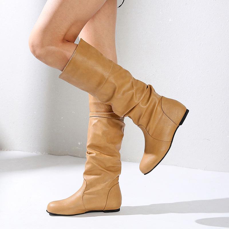 Women's Round Toe High Heeled Low Tube Knight Boots Plus Size Flat Bottom Non-slip Wear Boots