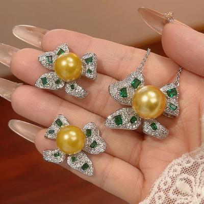 Комплект жемчужных серег и ожерелья с изумрудом и жемчугом Южных морей, женский, премиум, придворный стиль