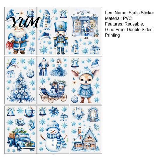 Holiday Party Glass Decorations 9Pcs Christmas Window Clings, Blue Santa Snowman Reindeer Static Stickers, Winter Theme Clings Reusable Double