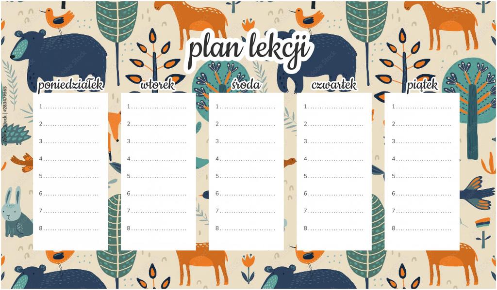 Magnetyczny plan lekcji dziecięca minimalistyczny las i zwierzęta 45x26cm