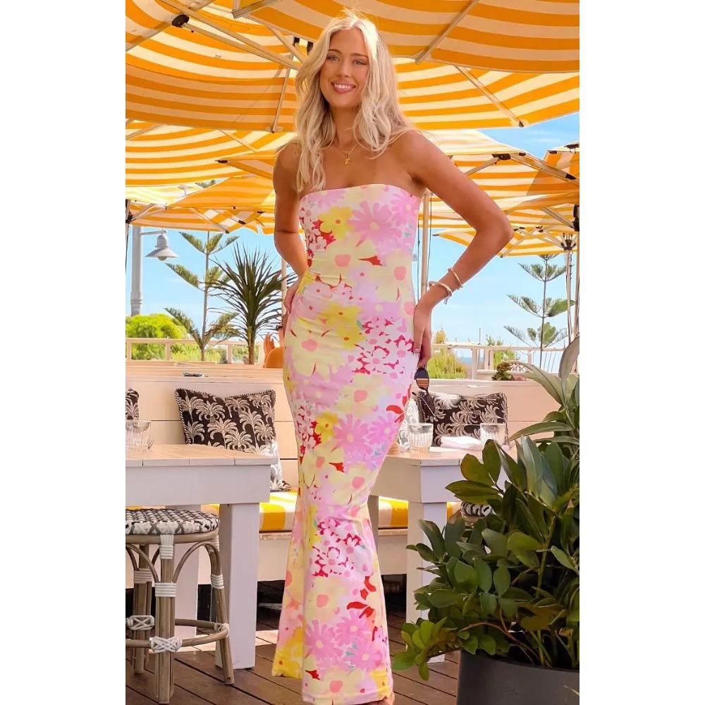 Облегающее платье с тонким цветочным принтом, открытыми плечами, без рукавов, с открытой спиной, элегантное платье, женское платье-бодикон, длинное платье-бандо для вечеринки, клуба