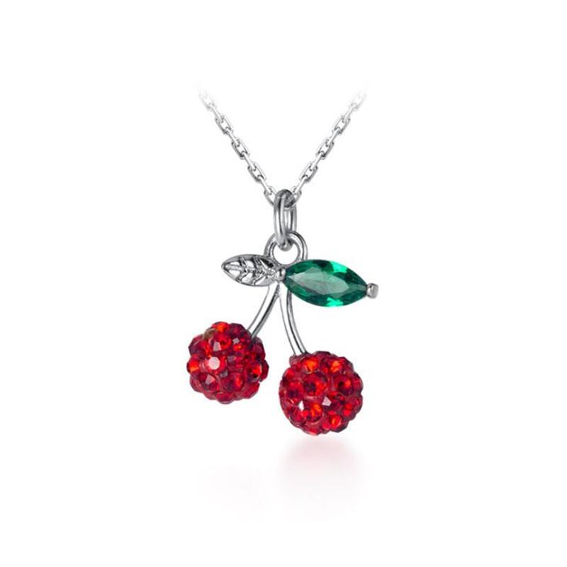 New Flash Full Of Crystal Red Small Cherry 925 Sterling Silver Jewelry Temperament Fruit Clavicle Chain Pendant Necklaces XL152
