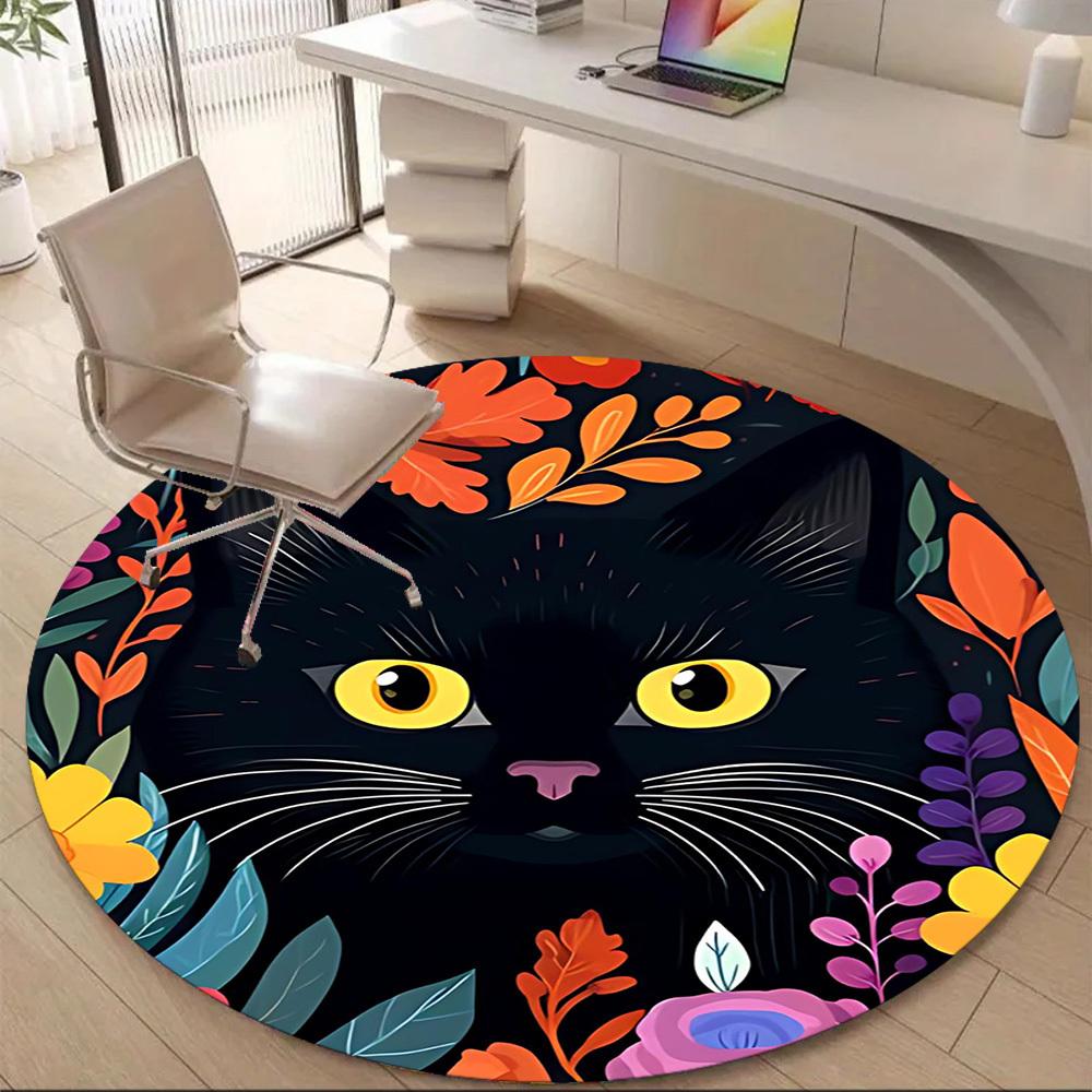 1PC Cat Flowers Office Round Area Rug, Mat Suitable For Office, Under Office Chairs Bedroom Living Room Home Decor, Room Deco
