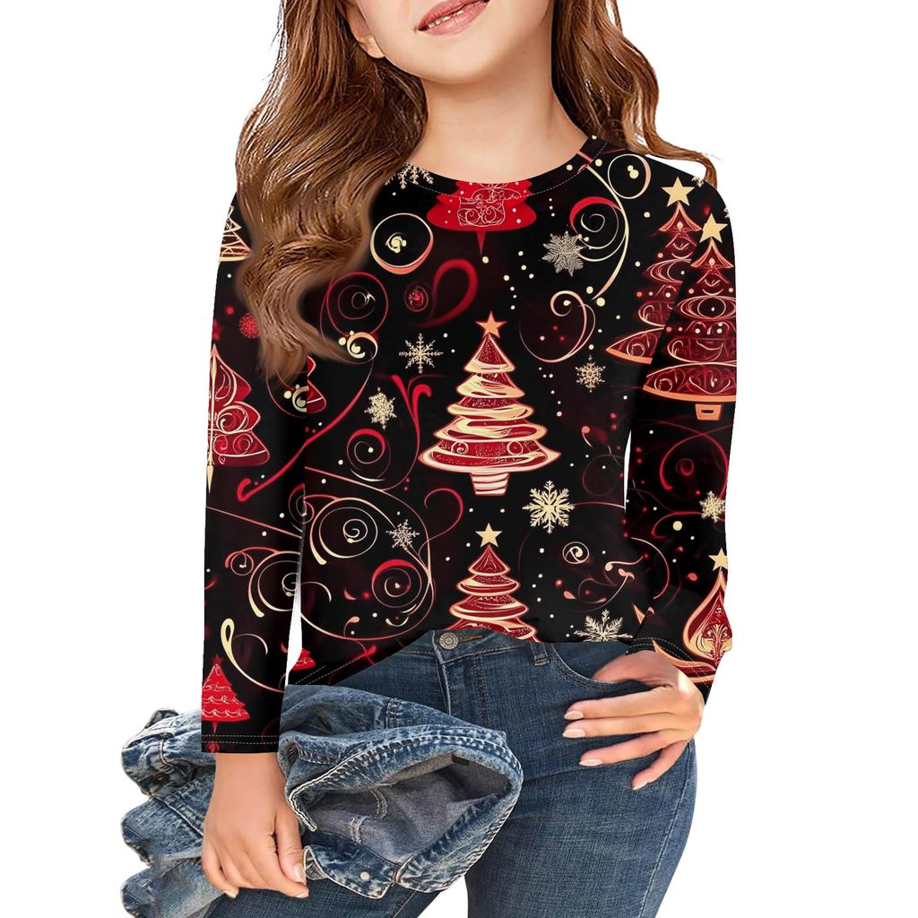 Christmas Day Girls Long Sleeve T Shirts Kids Fall Tops Crewneck Printed Basic Tees