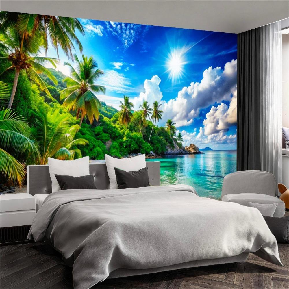 Tropical Beach Wall Mural Palm Trees Seashore Island Scenery Wallpaper for Living Room Decor
