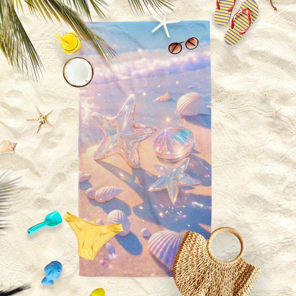 Sparkling Starfish and Seashell Beach Towel,Shiny Ocean Theme Quick-Dry Sand-Free Microfiber Bath Towel for Summer Pool Vacation