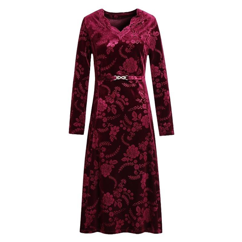 2024 Весна и Осень Новое Мамское Платье, Иностранная Одежда для Женщин Среднего Возраста, Весна и Осень Длинные Рукава Золотая Бархатная Юбка, Женское Длинное Платье