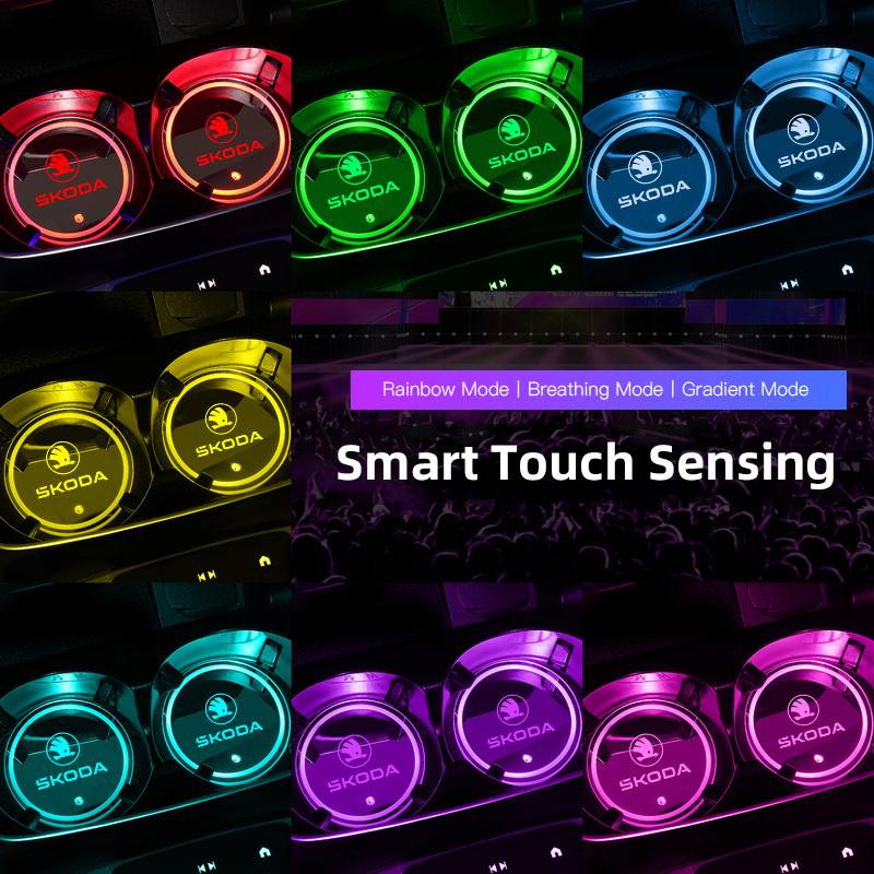 ADU1 Car Coaster Pad Colorful Led Atmosphere Light Water Cup Mat Tire Valve Cap For Skoda Kylaq Elroq Octavia Scala Rapid Superb Yeti