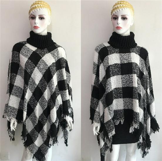 European and American High Neck Plaid Cape - Batwing Sleeve Knitted Pullover Shawl for Women