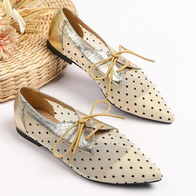 Модные туфли-лодочки в горошек из кружева для женщин с острым носком на шнуровке, летняя обувь, дышащие сетчатые лоферы, женские мокасины с вырезами, большой размер 43