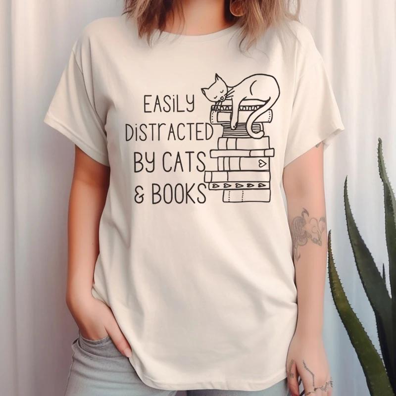 Кошки Книги Женская Милая Мультяшная Футболка Повседневная Свободная Футболка для Любителя Книг Футболка Мамы Кошки Литературная Футболка Книжная Графическая Футболка Топ