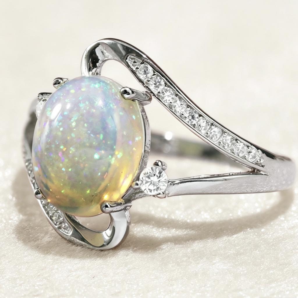 1A silver spiral design women's engagement ring with an oval synthetic opal at the center, accented with synthetic zirconia, is a fashionable