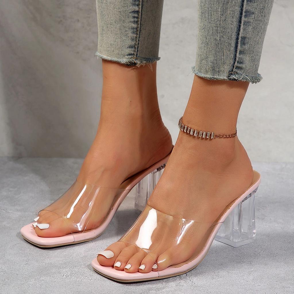 Fashion Elegant Transparent Pvc Clear High Heels Slippers Women 2025 Summer Square Toe Crystal Sandals Women Sexy Slip On Party Shoes