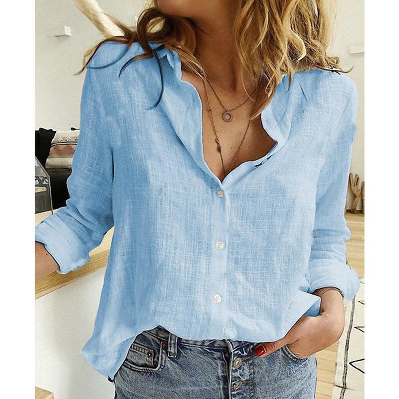 Turn Down Collar Long Sleeve Buttoned Cotton Shirts Women Solid Color Loose Plus Size Tops White Blue Blouse