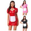 Women's Maid Cosplay Costume S-XXL - Hollow Out Lace Trim Glossy PU Bodycon Dress with Detachable Bow for Halloween