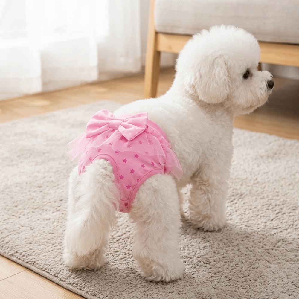 Pink Tone Dog Period Underwear Bow Decor Pet Short Pant Female Dog Nappy  Indoor Daily Wear