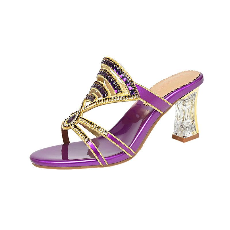 Мода Новые модные летние сандалии женские сандалии с бриллиантами тапочки на высоком каблуке нескользящие банкетные туфли дышащие бриллиантовые пляжные туфли