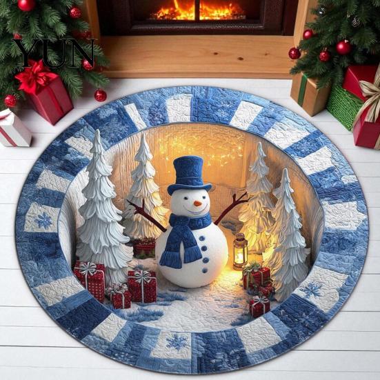 Indoor Holiday Decoration Round Christmas Rug, 39" Imitation Cashmere Santa Snowflake Pattern, Winter Home Decor Area Rug for Living Room Bedroom