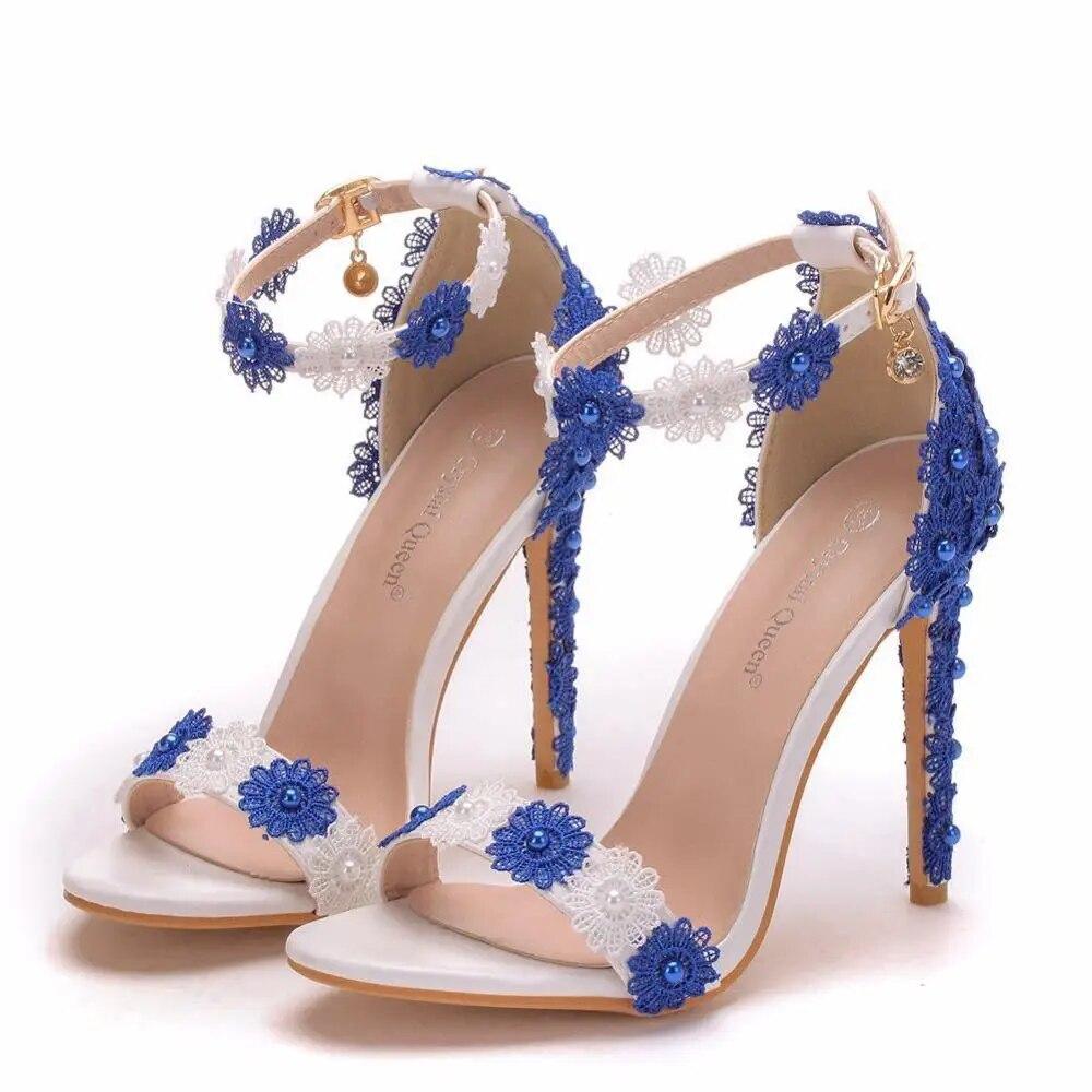 Women Sandals White Blue Lace Fine High Heels Slender Bridal Pumps Wedding Shoes Peep Toes Buckle Strap