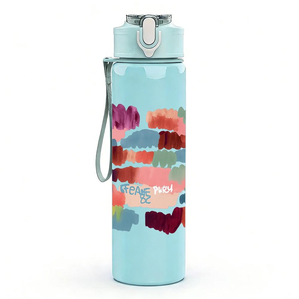 1PC Color Block Abstract Brush Art 750ml Color Plastic Sports Water Bottle Leakproof Flip Straw Lid Suitable for Sports Office Home Use