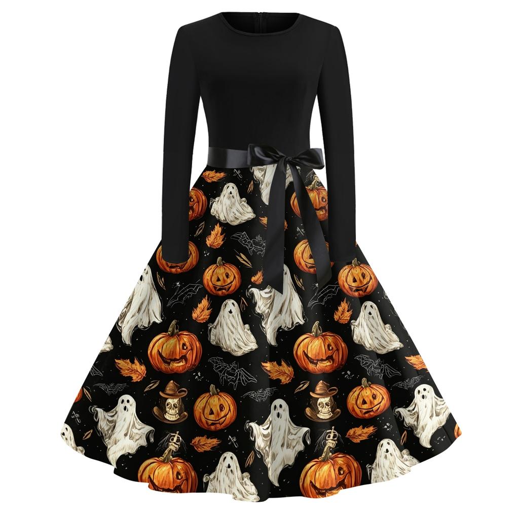 Women Casual Halloween Printed Round Neck Vintage Dress Long Sleeve Fit Flared Skirt Belted Waist Retro Style Dress for Autumn