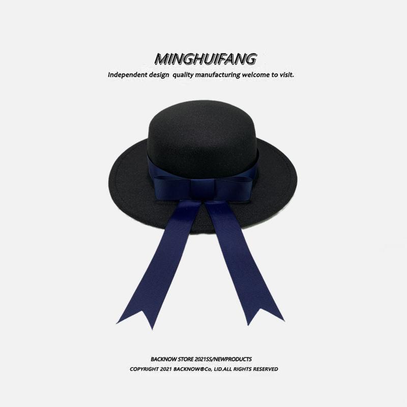 Feeling Handmade JKDK Uniform Cap Flat Top Flat Edge Woolen College Bow Ribbon Kindergarten Hat