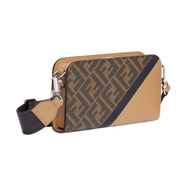 Fendi Palladium Plated Metal Button Closure Crossbody Wallet Men Wallet Brown 7M0346-AJF8-F1EGA