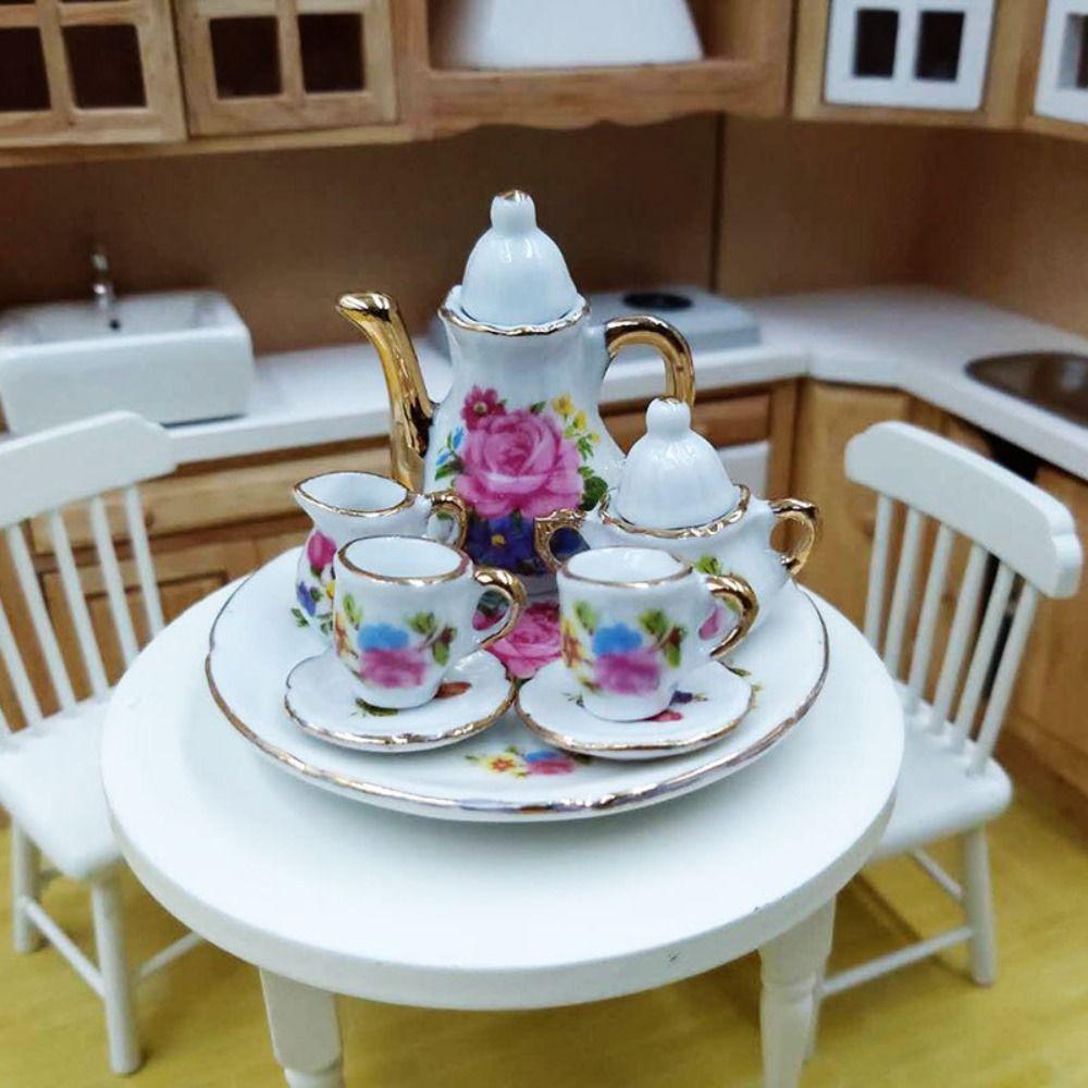 Floral Print Doll Porcelain Tea Set Dish Plate Miniature Cups Pot Pretend Play